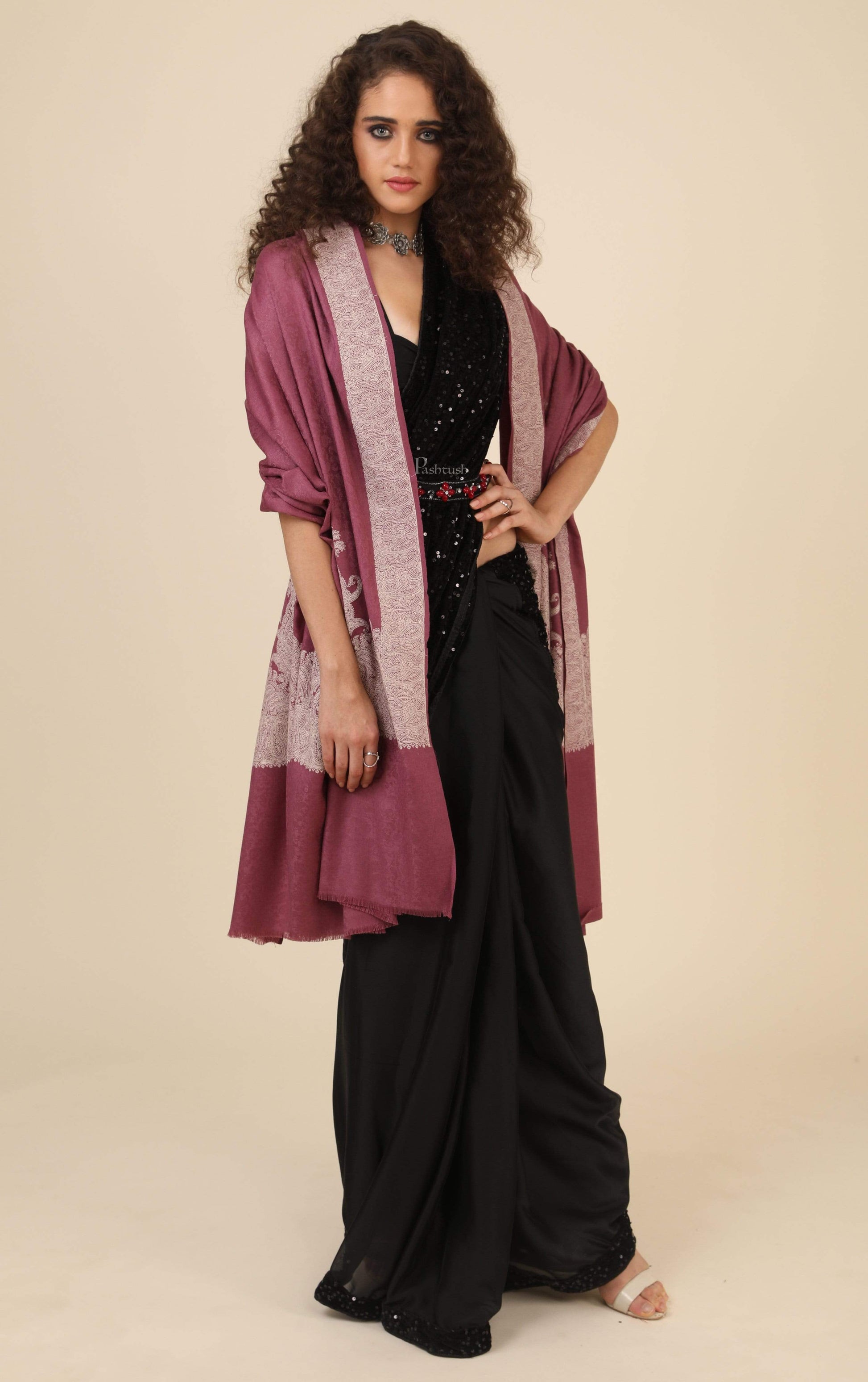 Pashtush India 114x228 Pashtush Womens, Extra fine Palla Embroidery Shawl, with Tone on Tone Needlework, Soft and Warm