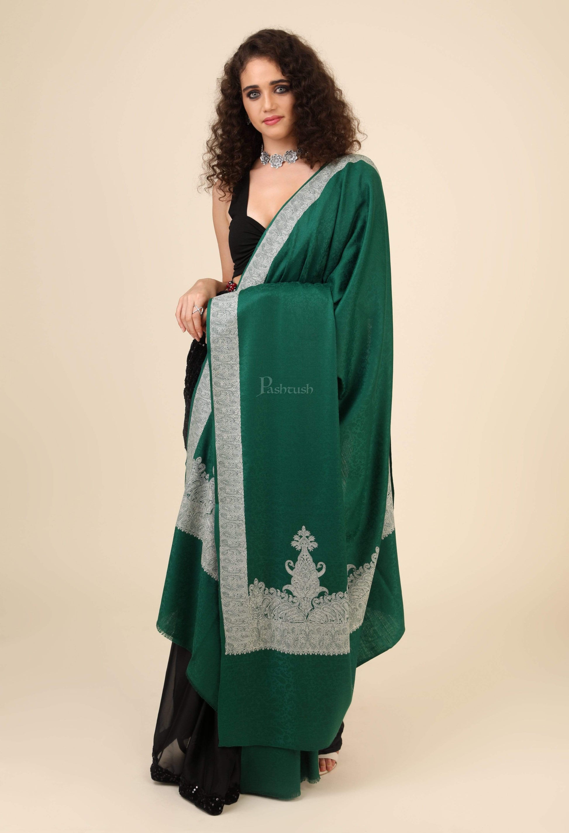 Pashtush India 114x228 Pashtush Womens, Extra fine Palla Embroidery Shawl, with Tone on Tone Needlework, Soft and Warm