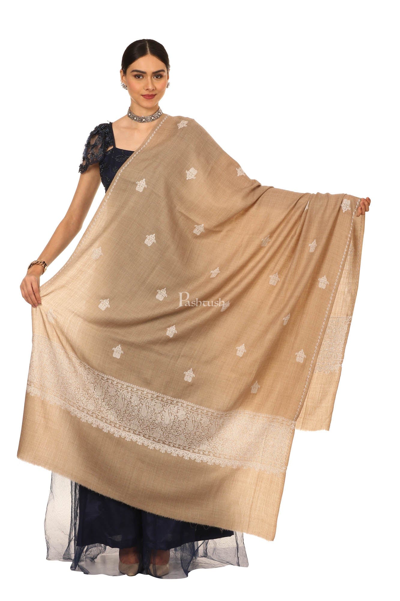 Pashtush India Womens Shawls Pashtush Womens, Extra Fine Palla Embroidery Shawl, With Tone On Tone Needlework, Wool Design, Soft And Extra Fine