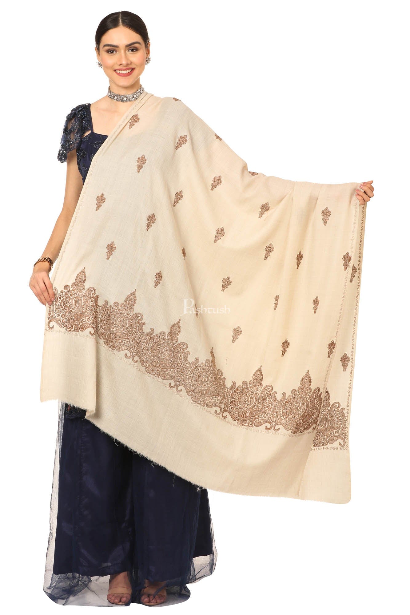 Pashtush India Womens Shawls Pashtush Womens, Extra Fine Palla Embroidery Shawl, With Tone On Tone Needlework, Wool Design, Soft And Extra Fine