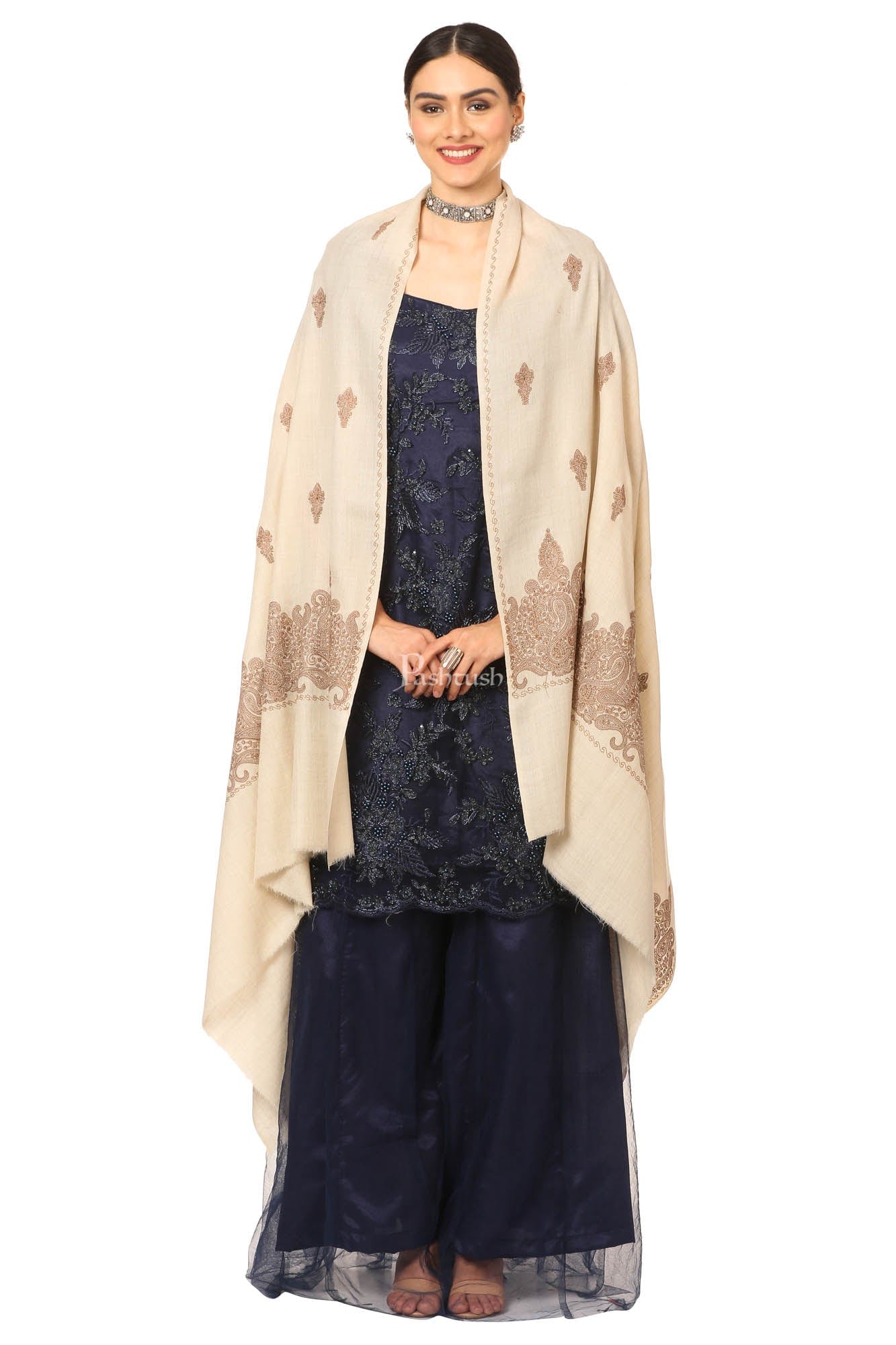 Pashtush India Womens Shawls Pashtush Womens, Extra Fine Palla Embroidery Shawl, With Tone On Tone Needlework, Wool Design, Soft And Extra Fine