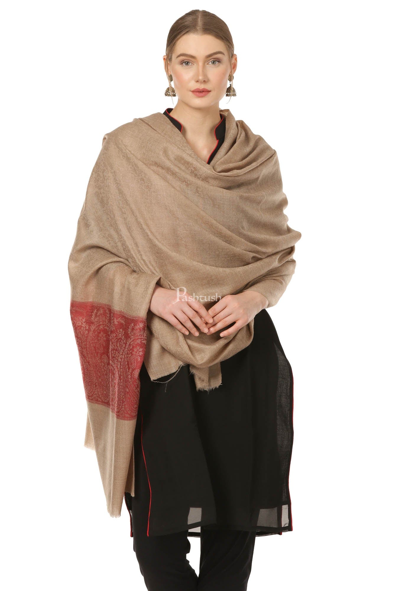 Pashtush India Womens Shawls Pashtush Womens Extra Fine Wool Blend Shawl, Jacquard, Soft, Warm And Ultra Light Weight