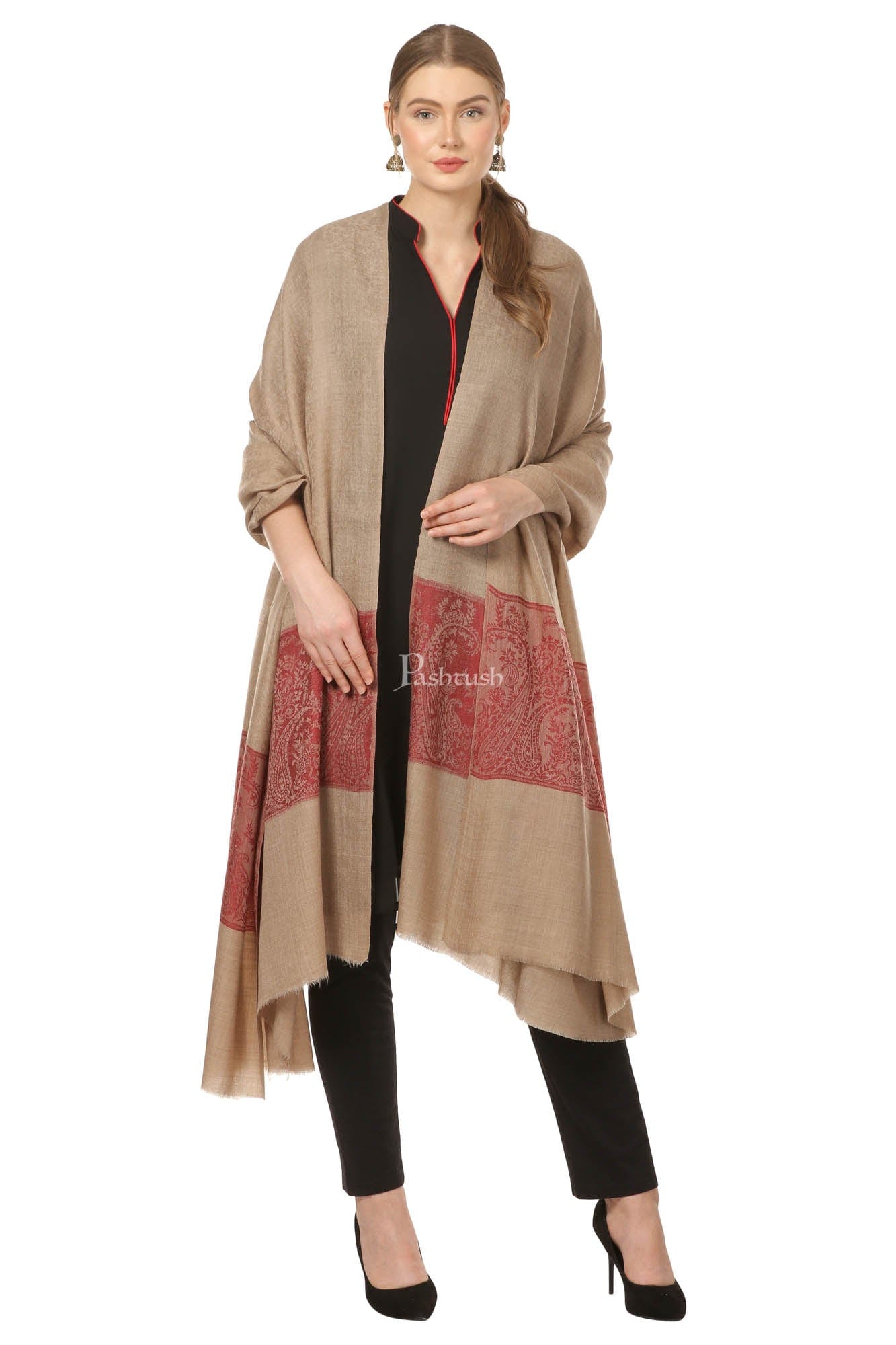 Pashtush India Womens Shawls Pashtush Womens Extra Fine Wool Blend Shawl, Jacquard, Soft, Warm And Ultra Light Weight