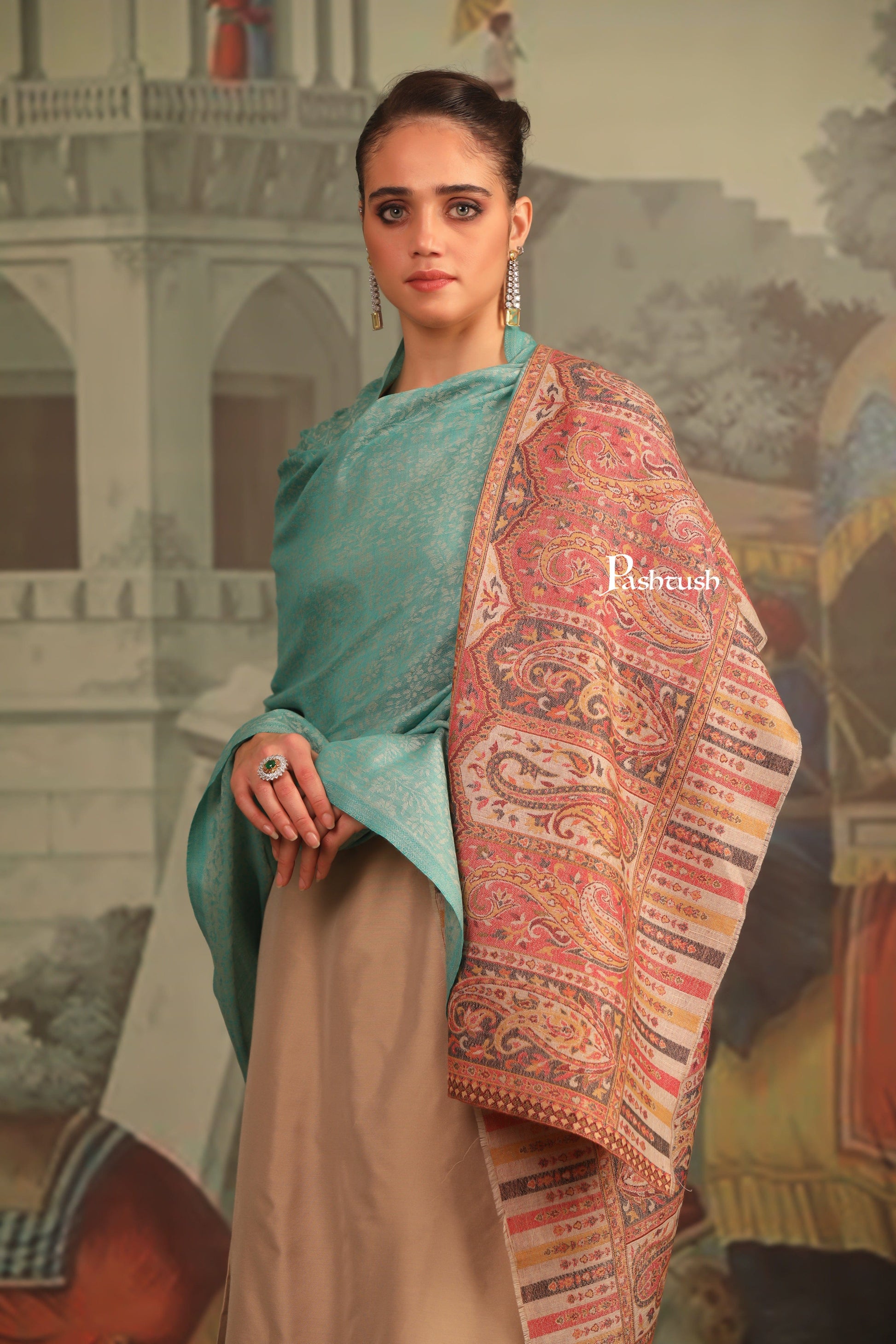 Pashtush India Womens Shawls Pashtush Womens Extra Fine Wool Shawl, Ambi Palla Design, Seagreen