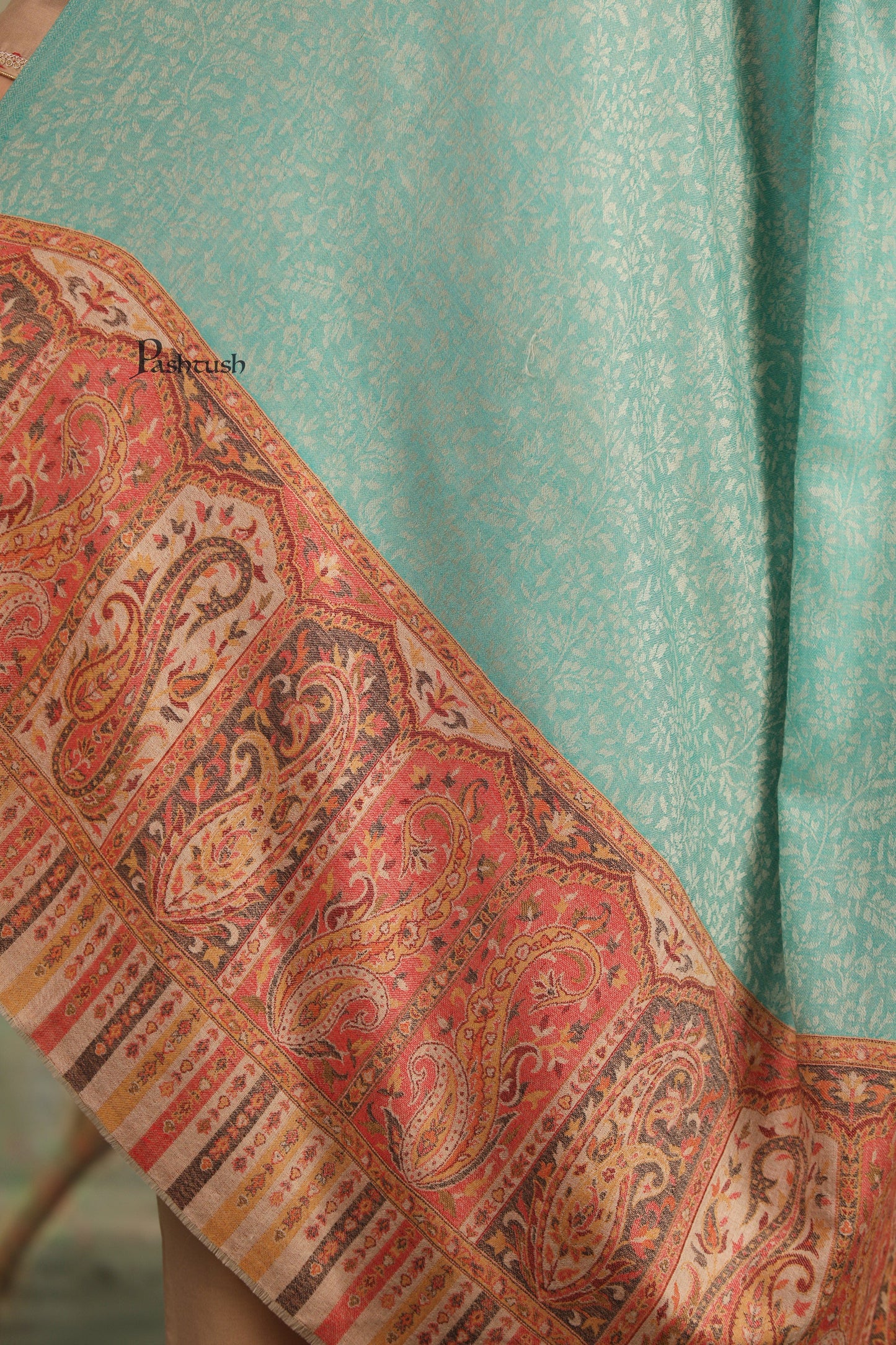 Pashtush India Womens Shawls Pashtush Womens Extra Fine Wool Shawl, Ambi Palla Design, Seagreen