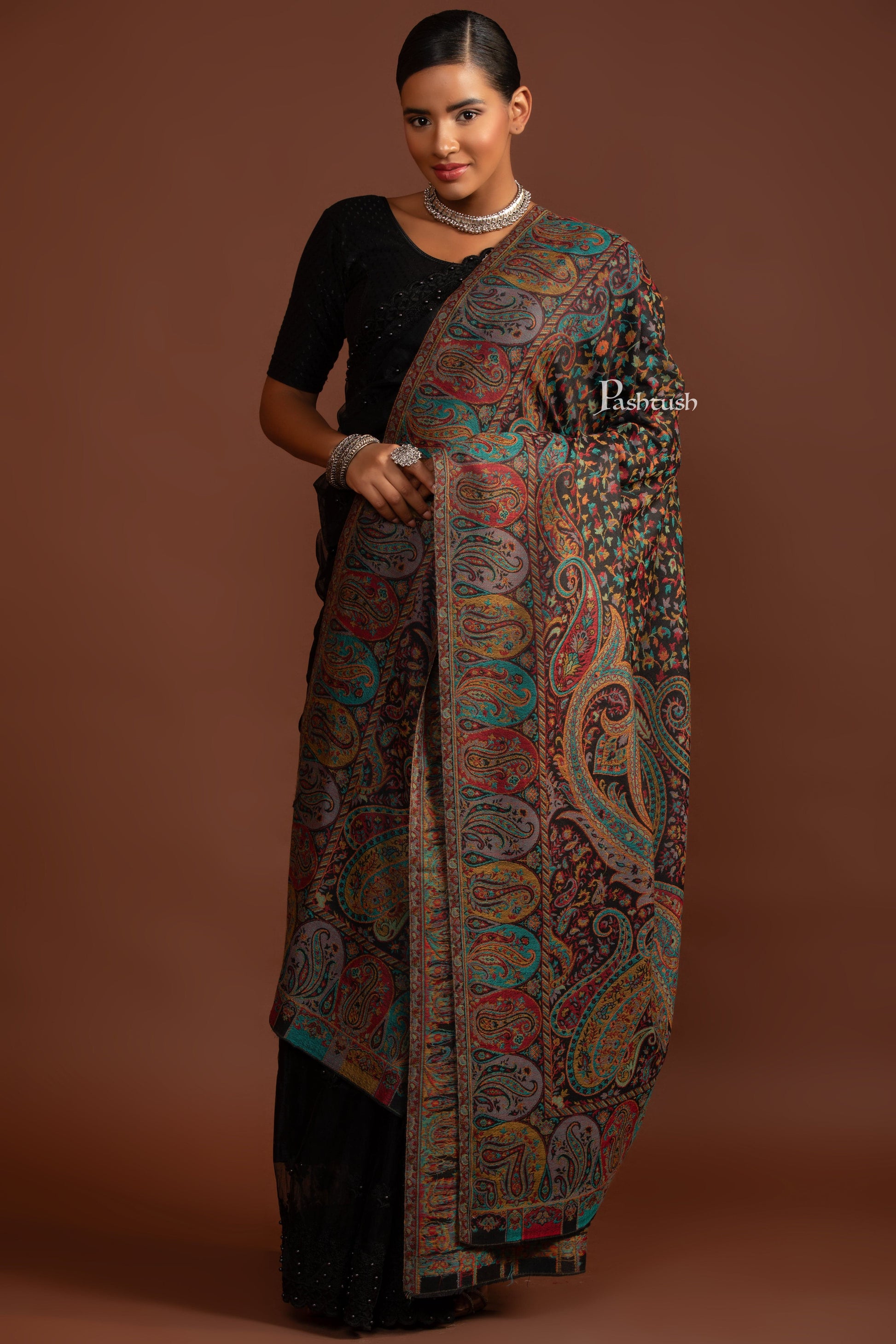 Pashtush India Womens Shawls Pashtush Womens Extra Fine Wool Shawl, Antique Ethnic Weave Design, Black
