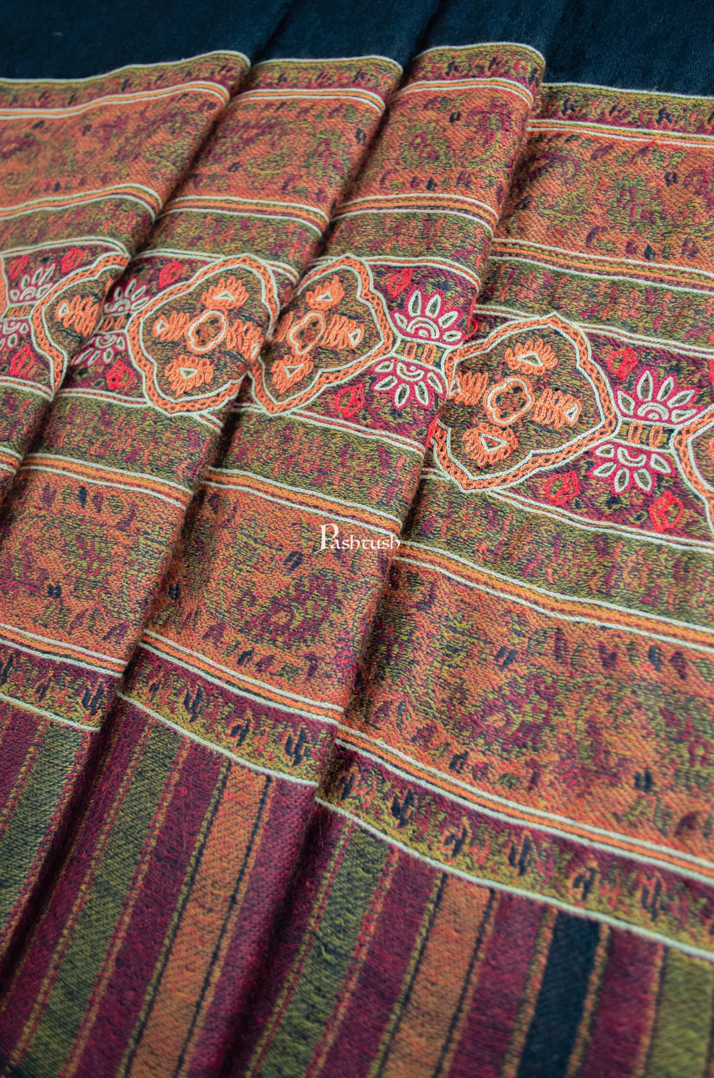 Pashtush India Womens Shawls Pashtush Womens Extra Fine Wool Shawl, Aztec Nalki Hand  Embroidery Palla Design, Black