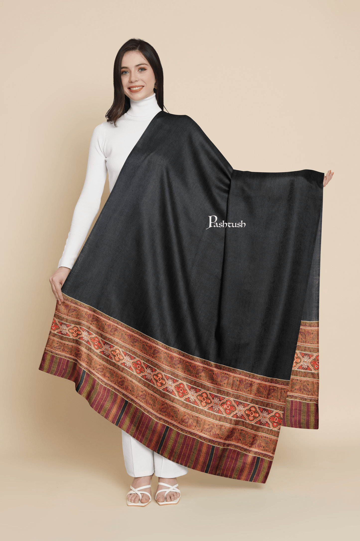 Pashtush India Womens Shawls Pashtush Womens Extra Fine Wool Shawl, Aztec Nalki Hand  Embroidery Palla Design, Black