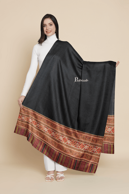Pashtush India Womens Shawls Pashtush Womens Extra Fine Wool Shawl, Aztec Nalki Hand  Embroidery Palla Design, Black