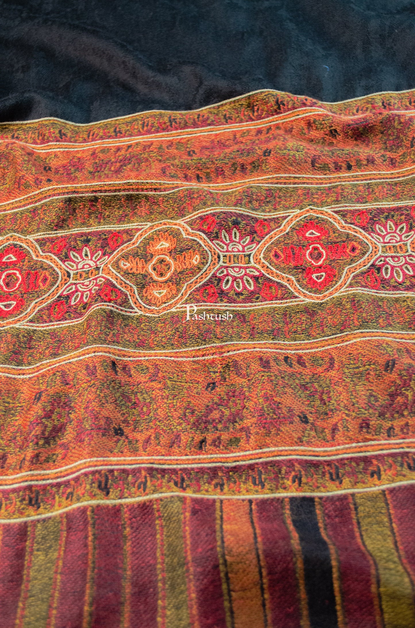 Pashtush India Womens Shawls Pashtush Womens Extra Fine Wool Shawl, Aztec Nalki Hand  Embroidery Palla Design, Black