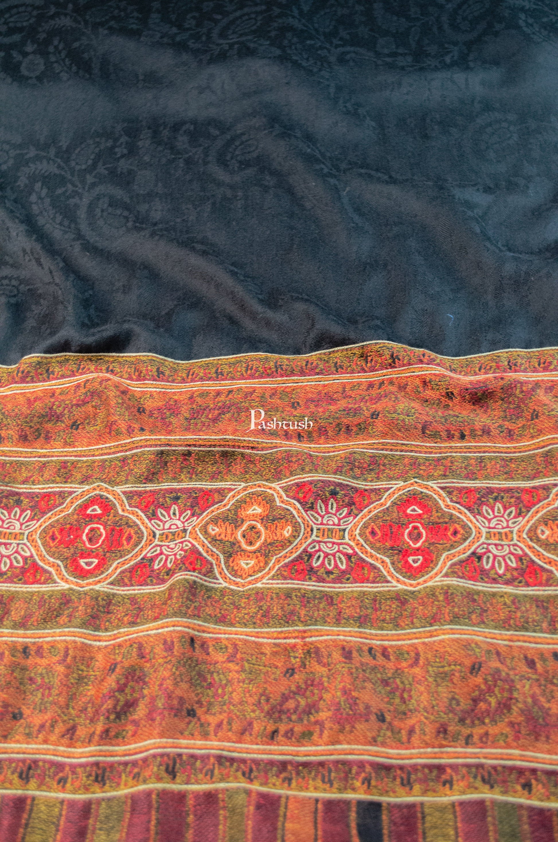 Pashtush India Womens Shawls Pashtush Womens Extra Fine Wool Shawl, Aztec Nalki Hand  Embroidery Palla Design, Black