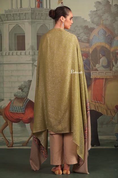 Pashtush India Womens Shawls Pashtush Womens Extra Fine Wool Shawl, Aztec Palla Design, Olive Green