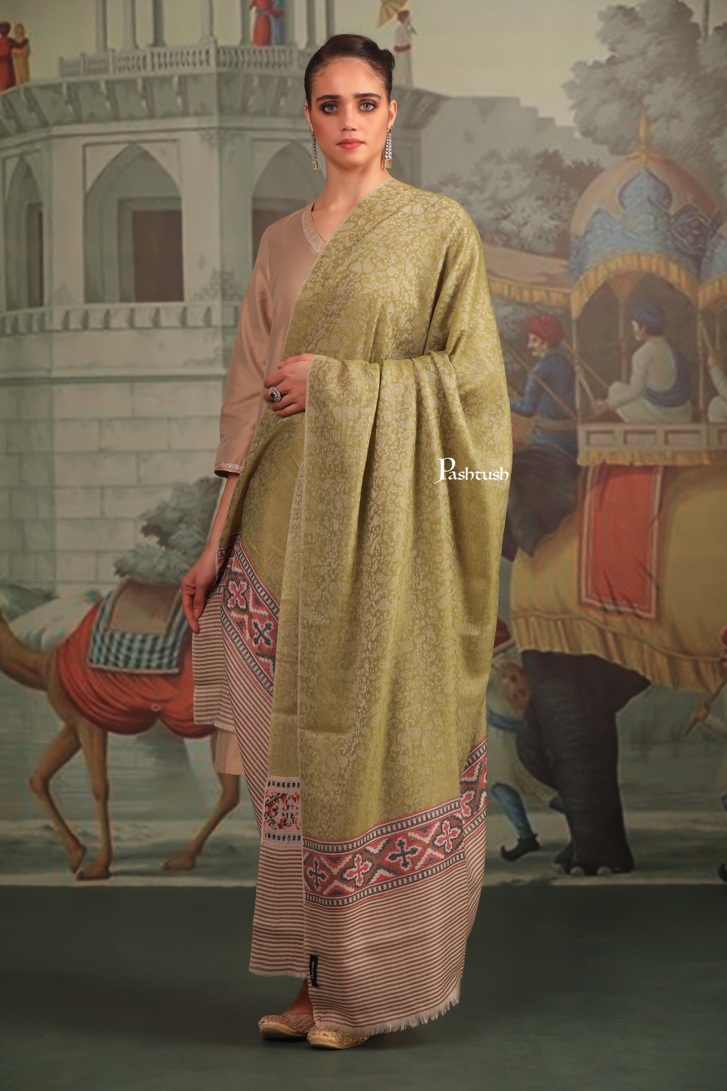 Pashtush India Womens Shawls Pashtush Womens Extra Fine Wool Shawl, Aztec Palla Design, Olive Green