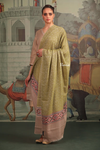 Pashtush India Womens Shawls Pashtush Womens Extra Fine Wool Shawl, Aztec Palla Design, Olive Green