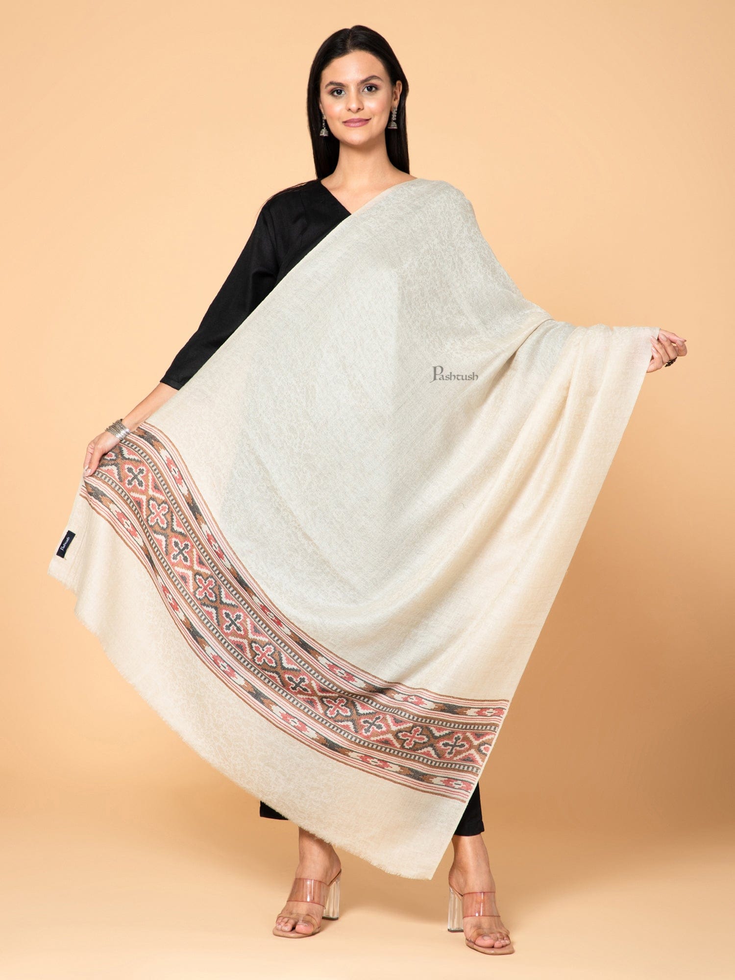 Pashtush India Womens Shawls Pashtush Womens Extra Fine Wool Shawl, Aztec Weave Design, Beige