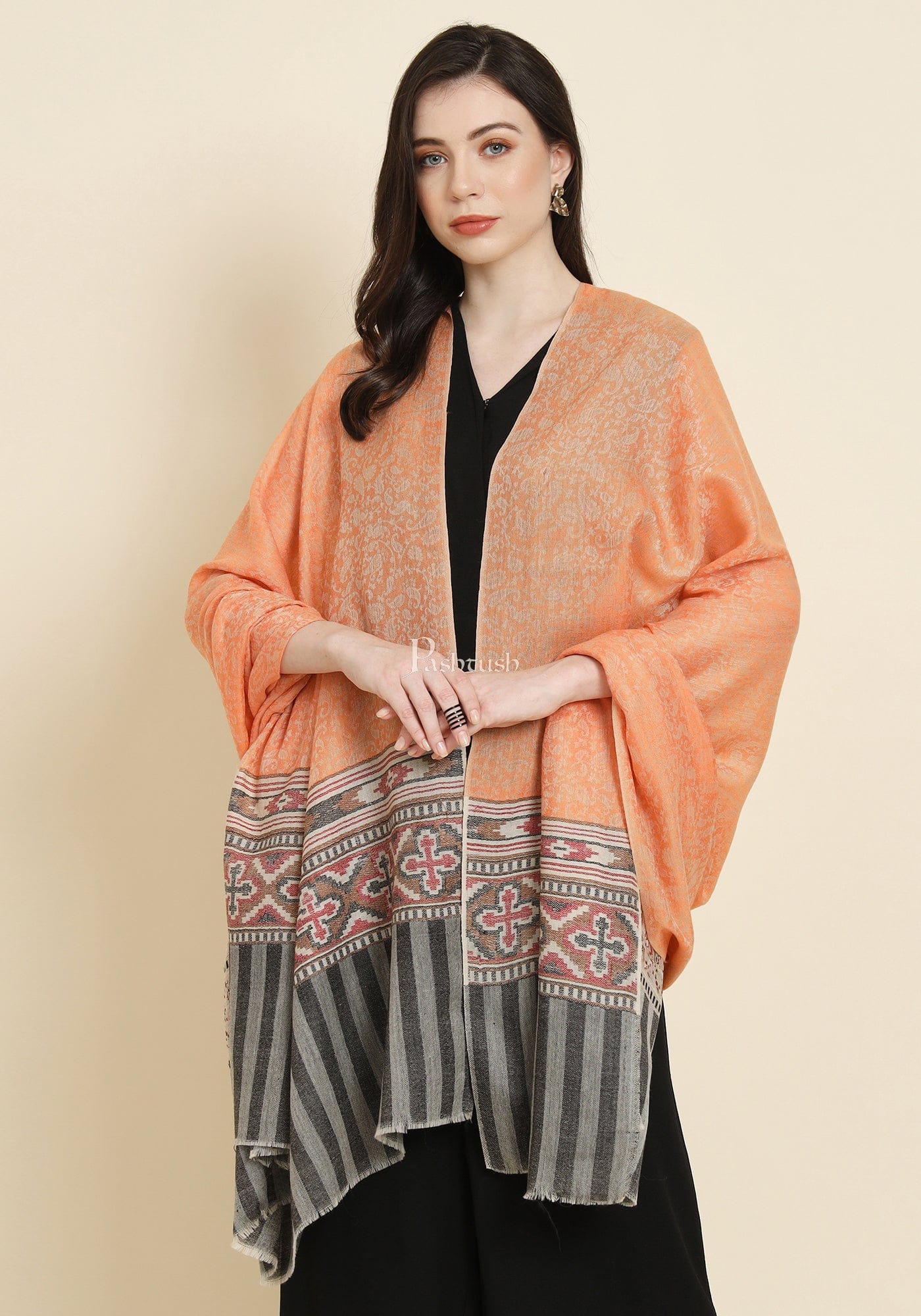 Pashtush India Womens Shawls Pashtush Womens Extra Fine Wool Shawl, Aztec Weave Design, Peach