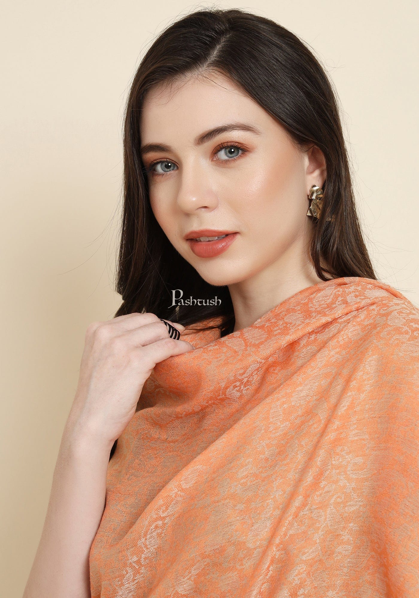 Pashtush India Womens Shawls Pashtush Womens Extra Fine Wool Shawl, Aztec Weave Design, Peach