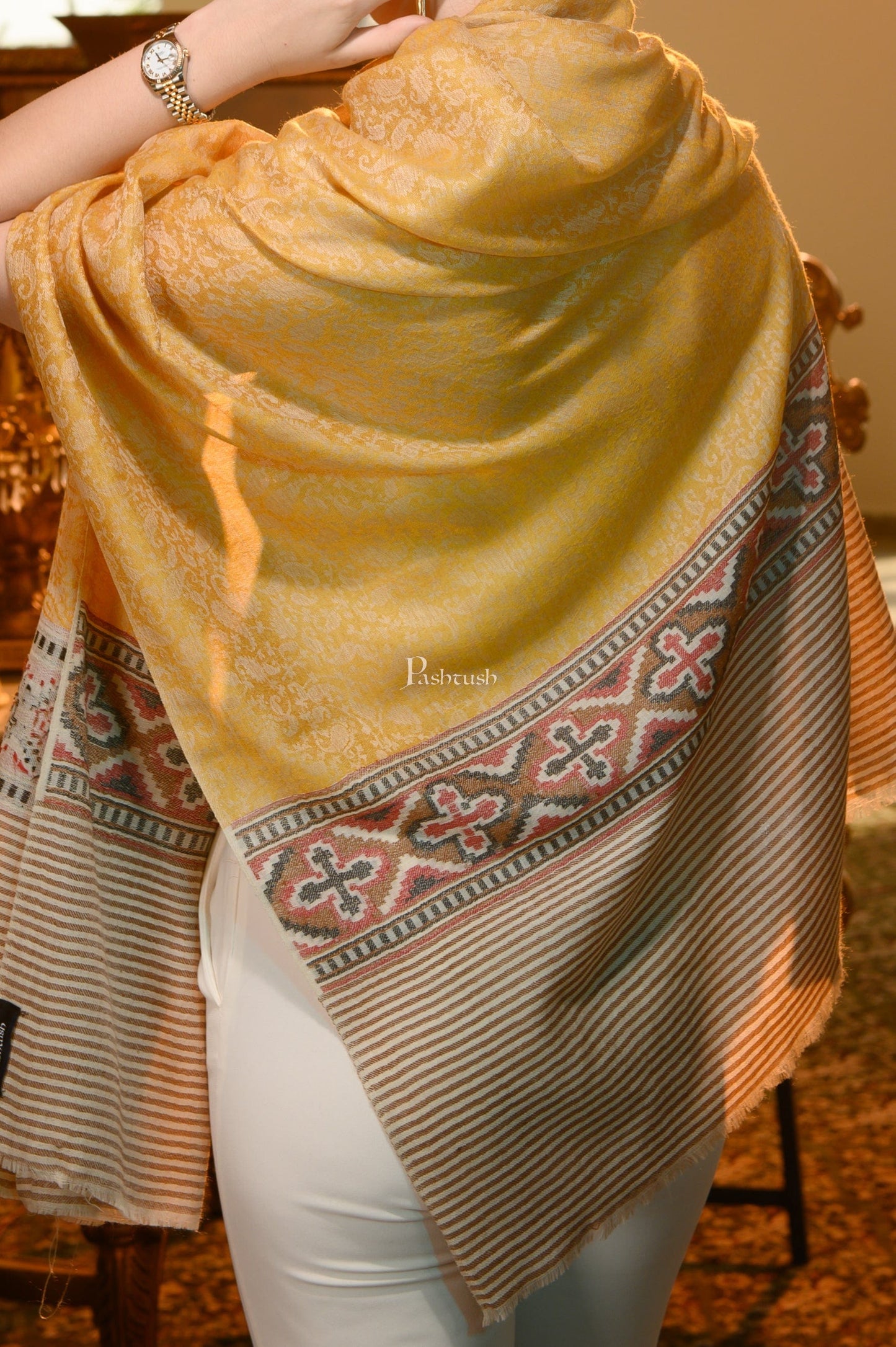 Pashtush India Womens Shawls Pashtush Womens Extra Fine Wool Shawl, Aztec Weave Design, Yellow