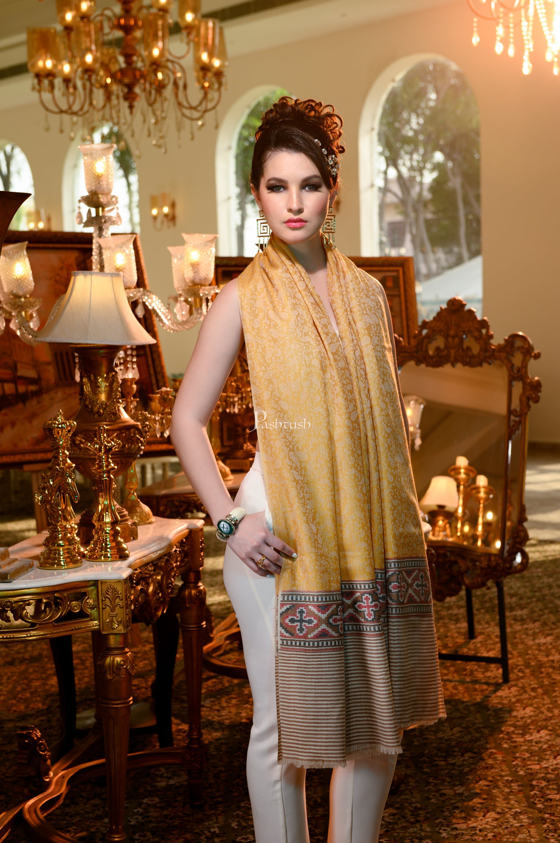 Pashtush India Womens Shawls Pashtush Womens Extra Fine Wool Shawl, Aztec Weave Design, Yellow