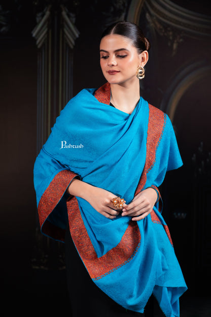Pashtush India Womens Shawls Pashtush Womens Extra Fine Wool Shawl, Border Embroidered Challa Daur, Arabic Blue