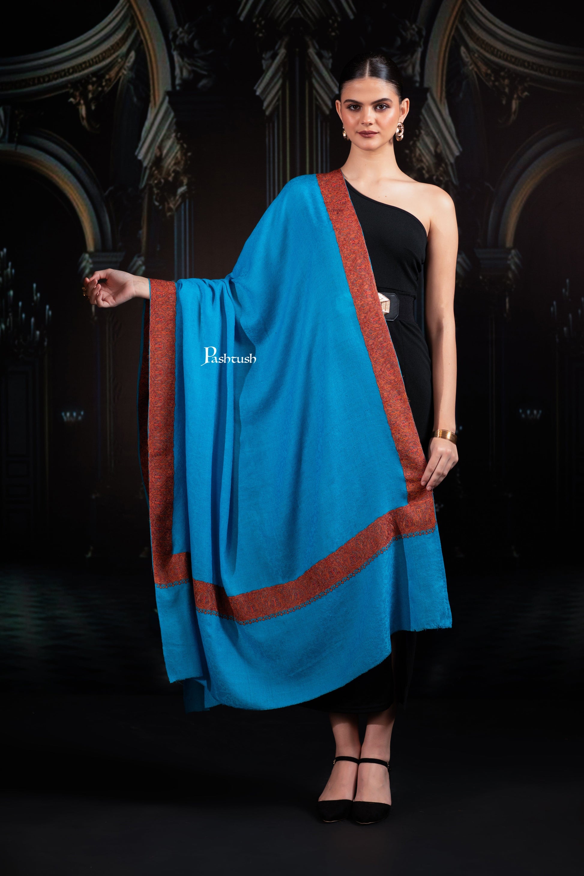Pashtush India Womens Shawls Pashtush Womens Extra Fine Wool Shawl, Border Embroidered Challa Daur, Arabic Blue