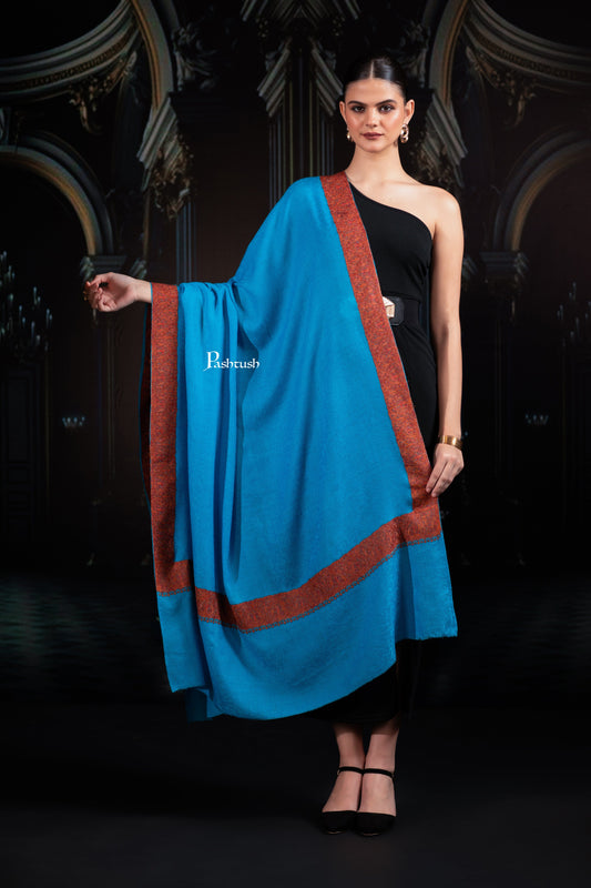 Pashtush India Womens Shawls Pashtush Womens Extra Fine Wool Shawl, Border Embroidered Challa Daur, Arabic Blue