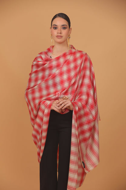 Pashtush India Womens Stoles and Scarves Scarf Pashtush womens Extra Fine Wool shawl, CHECKERED design, Beige And Red