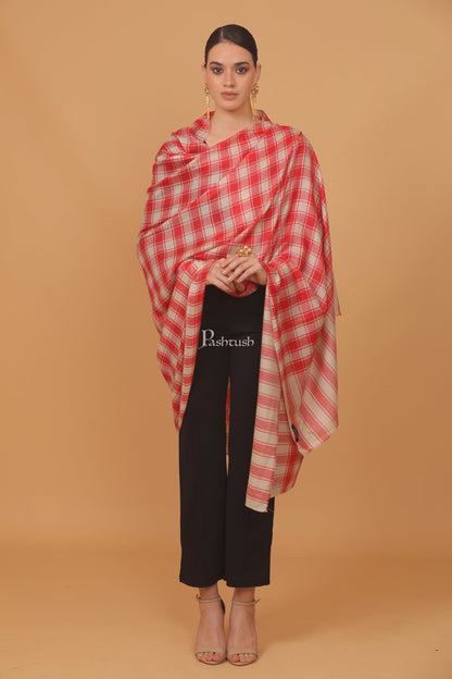 Pashtush India Womens Stoles and Scarves Scarf Pashtush womens Extra Fine Wool shawl, CHECKERED design, Beige And Red