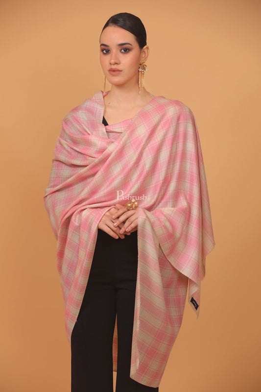 Pashtush India Womens Stoles and Scarves Scarf Pashtush womens Extra Fine Wool shawl, CHECKERED design, Soft Pink