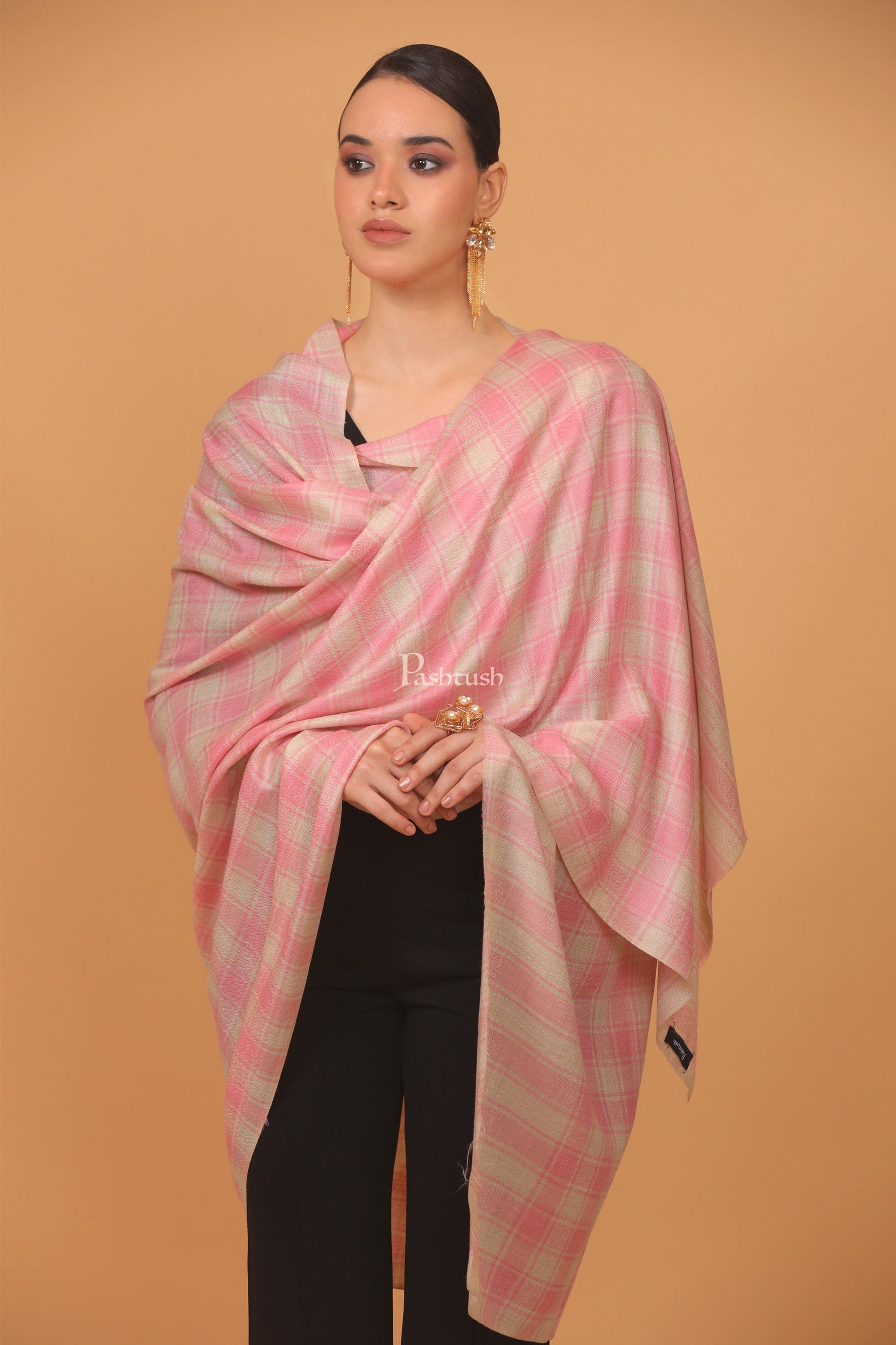 Pashtush India Womens Stoles and Scarves Scarf Pashtush womens Extra Fine Wool shawl, CHECKERED design, Soft Pink