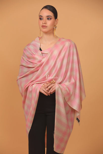Pashtush India Womens Stoles and Scarves Scarf Pashtush womens Extra Fine Wool shawl, CHECKERED design, Soft Pink