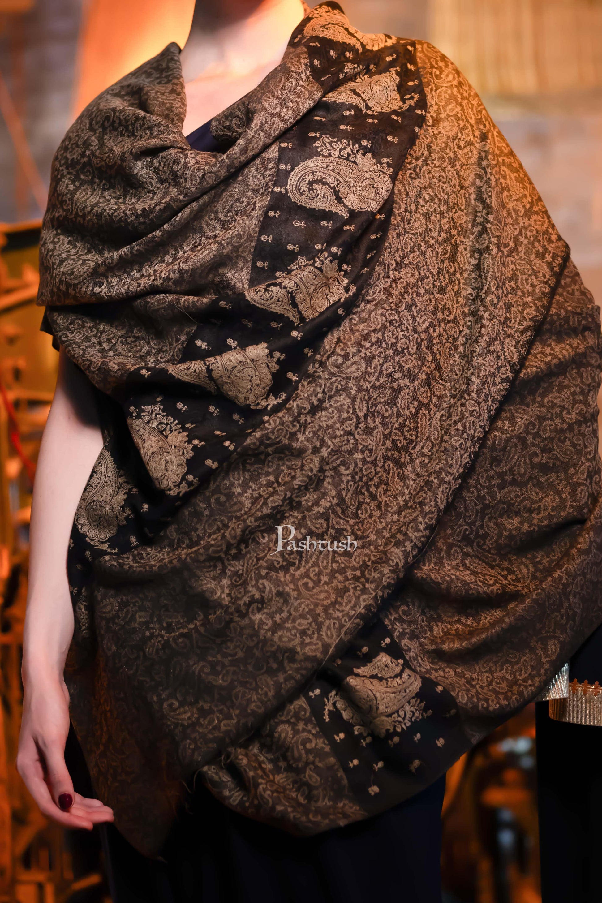 Pashtush India Womens Shawls Pashtush Womens Extra Fine Wool Shawl,  Design, Black