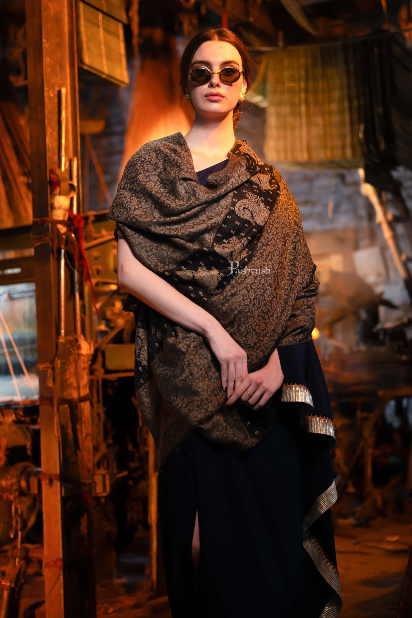 Pashtush India Womens Shawls Pashtush Womens Extra Fine Wool Shawl,  Design, Black