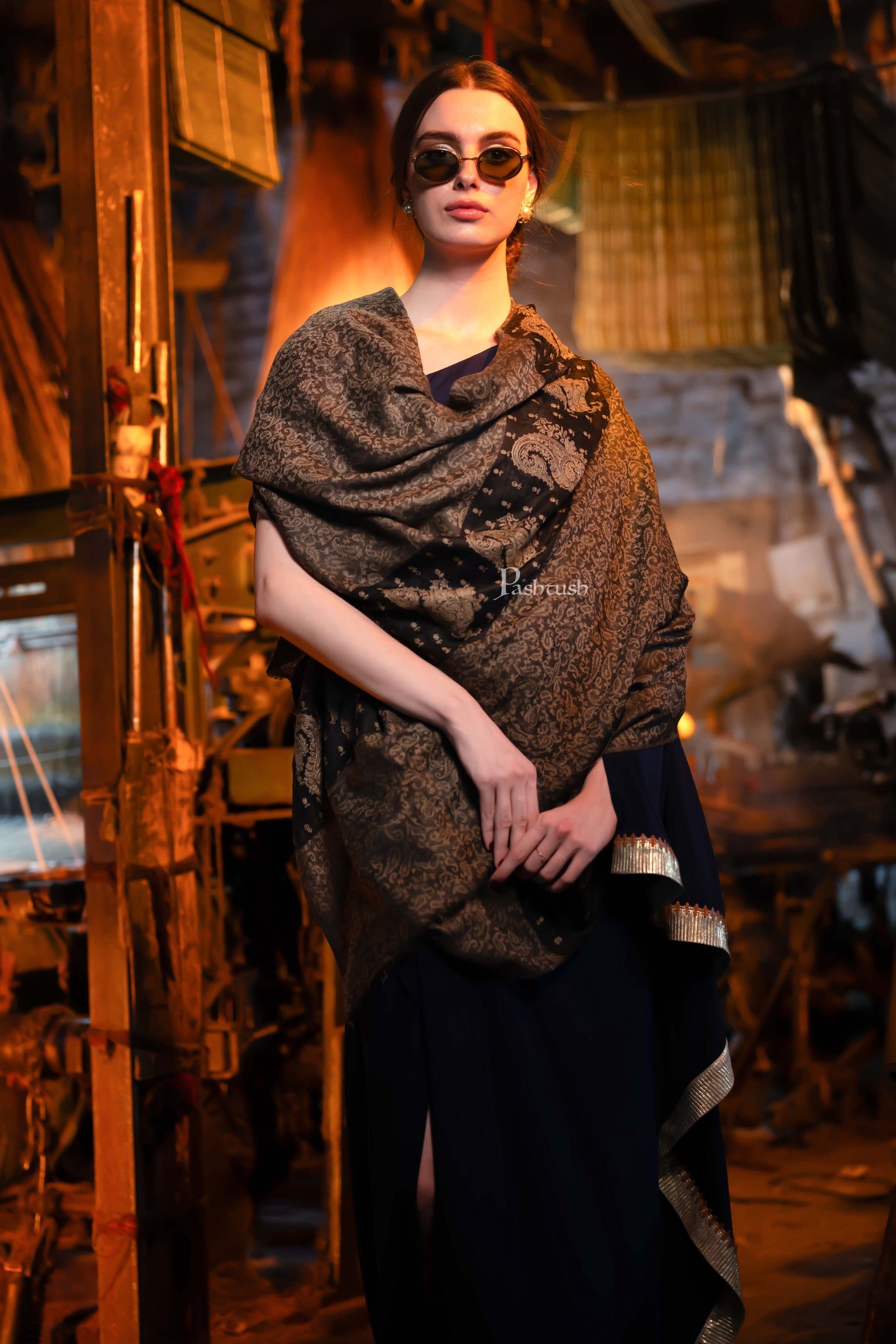 Pashtush India Womens Shawls Pashtush Womens Extra Fine Wool Shawl,  Design, Black