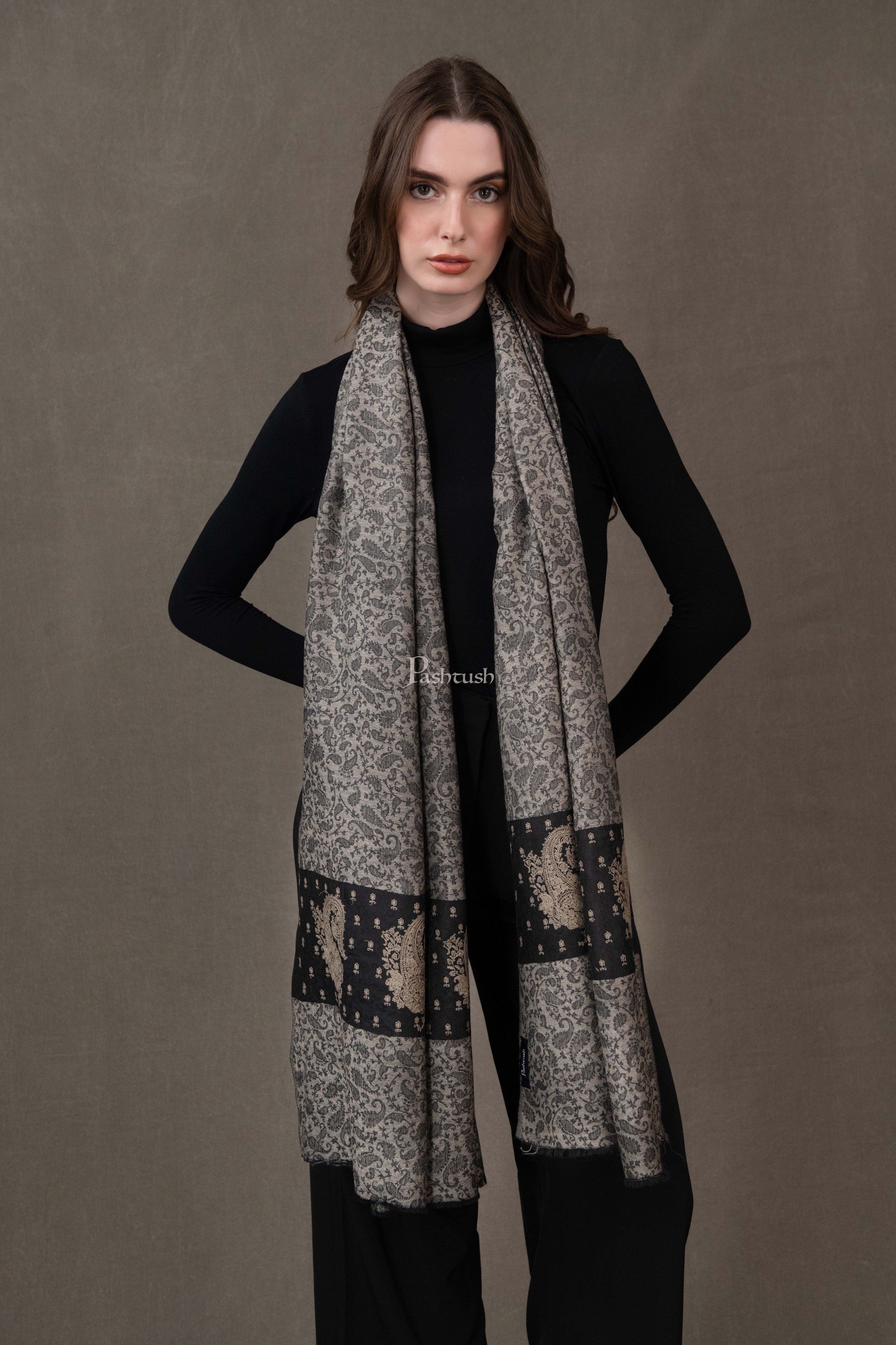 Pashtush India Womens Stoles and Scarves Scarf Pashtush Womens Extra Fine Wool Shawl, Embroidered Palla Design, Black And Grey