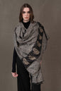Pashtush India Womens Stoles and Scarves Scarf Pashtush Womens Extra Fine Wool Shawl, Embroidered Palla Design, Black And Grey