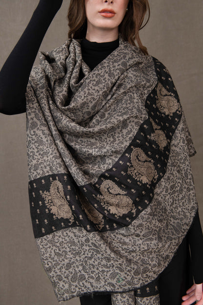 Pashtush India Womens Stoles and Scarves Scarf Pashtush Womens Extra Fine Wool Shawl, Embroidered Palla Design, Black And Grey
