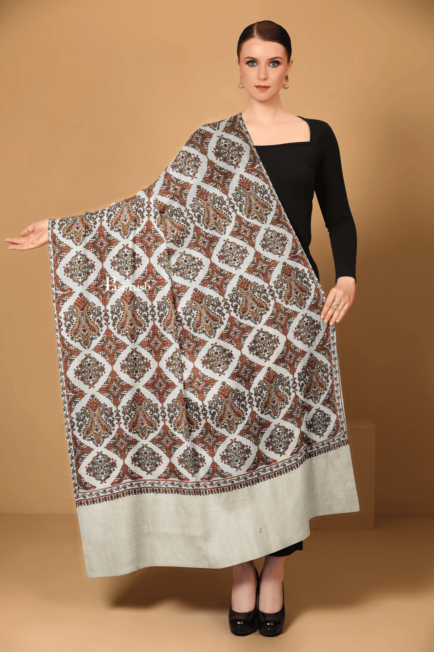 Pashtush India Womens Shawls Pashtush Womens Extra Fine Wool Shawl, Embroidery Kashmiri Jaal Design, Beige