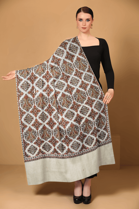 Pashtush India Womens Shawls Pashtush Womens Extra Fine Wool Shawl, Embroidery Kashmiri Jaal Design, Beige