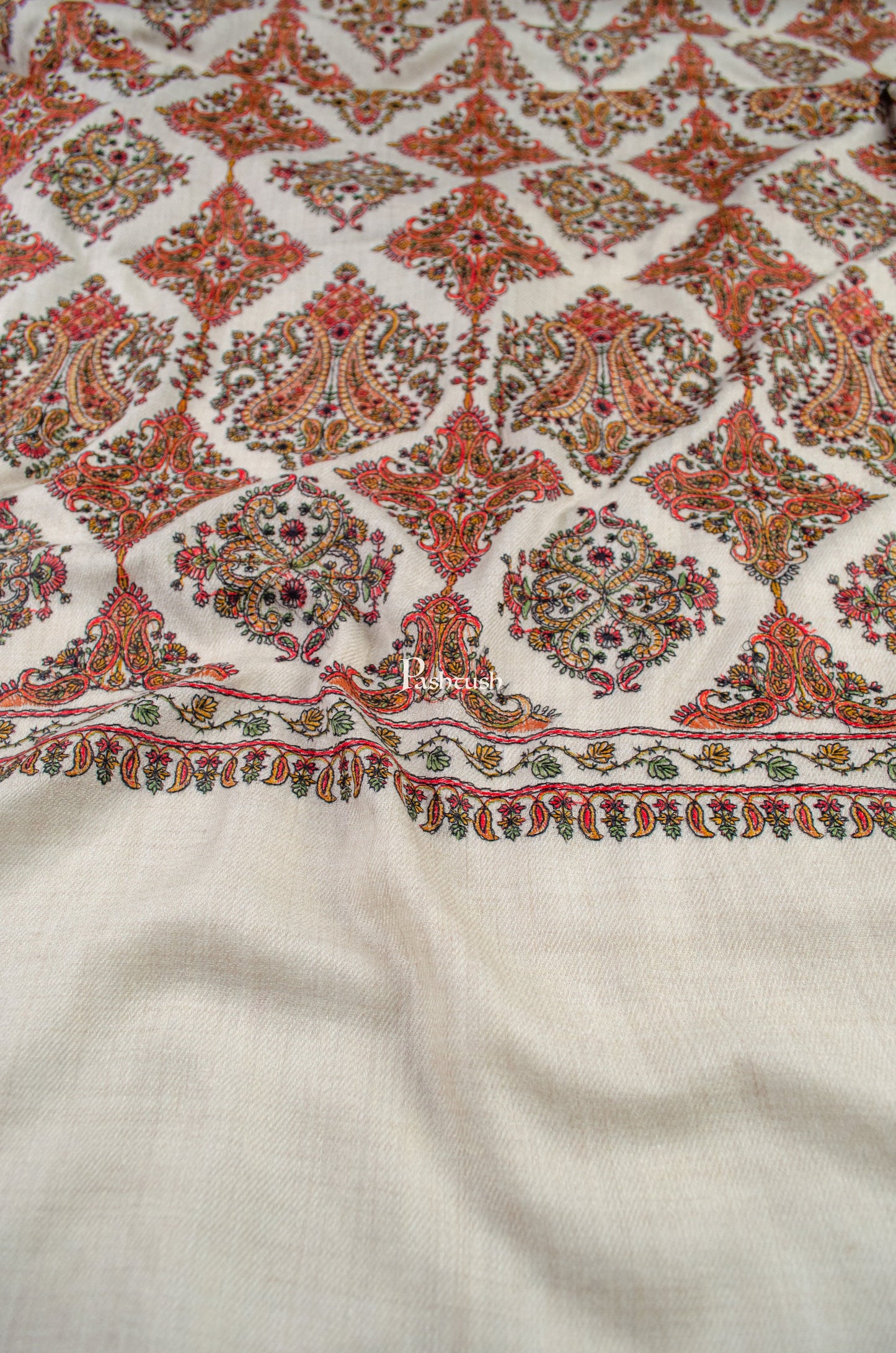 Pashtush India Womens Shawls Pashtush Womens Extra Fine Wool Shawl, Embroidery Kashmiri Jaal Design, Beige