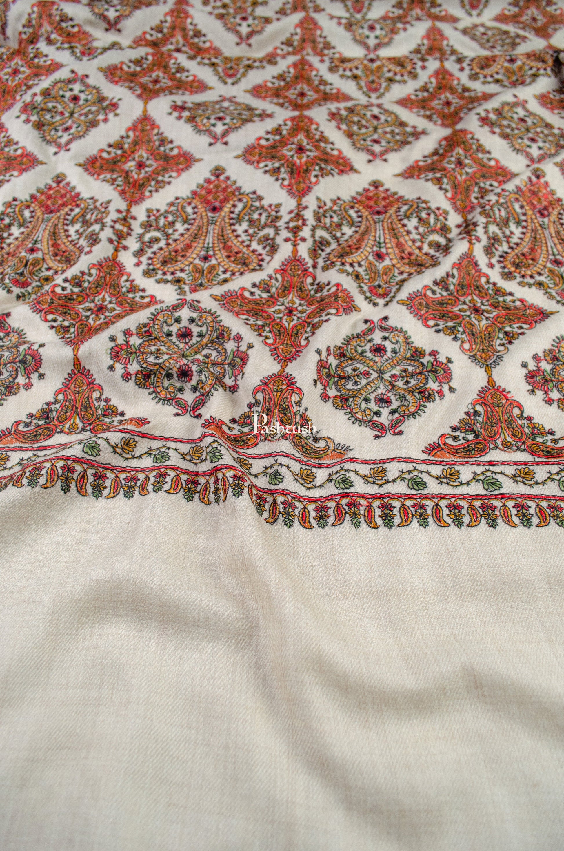 Pashtush India Womens Shawls Pashtush Womens Extra Fine Wool Shawl, Embroidery Kashmiri Jaal Design, Beige