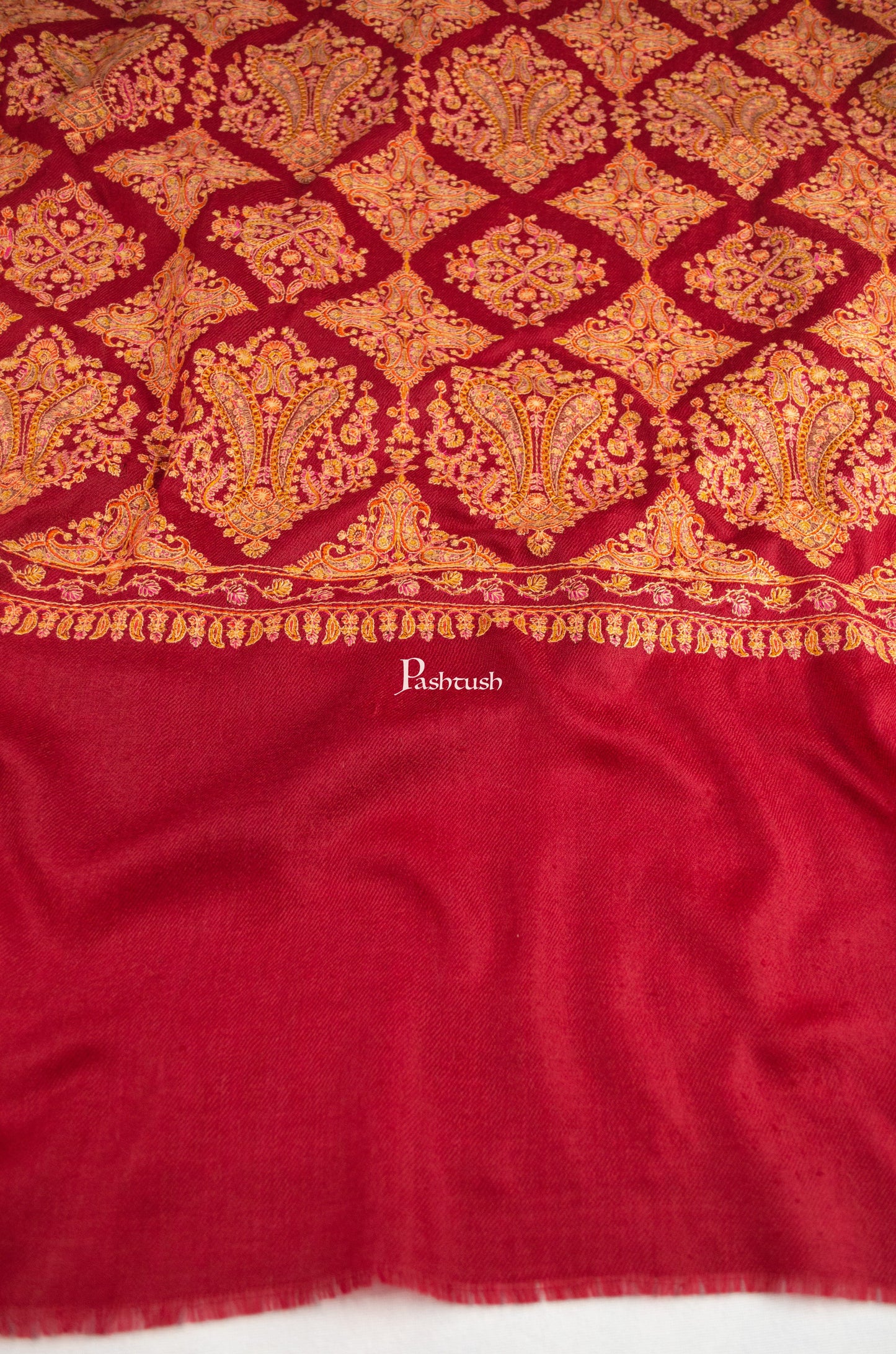 Pashtush India Womens Shawls Pashtush Womens Extra Fine Wool Shawl, Embroidery Kashmiri Jaal Design, Maroon