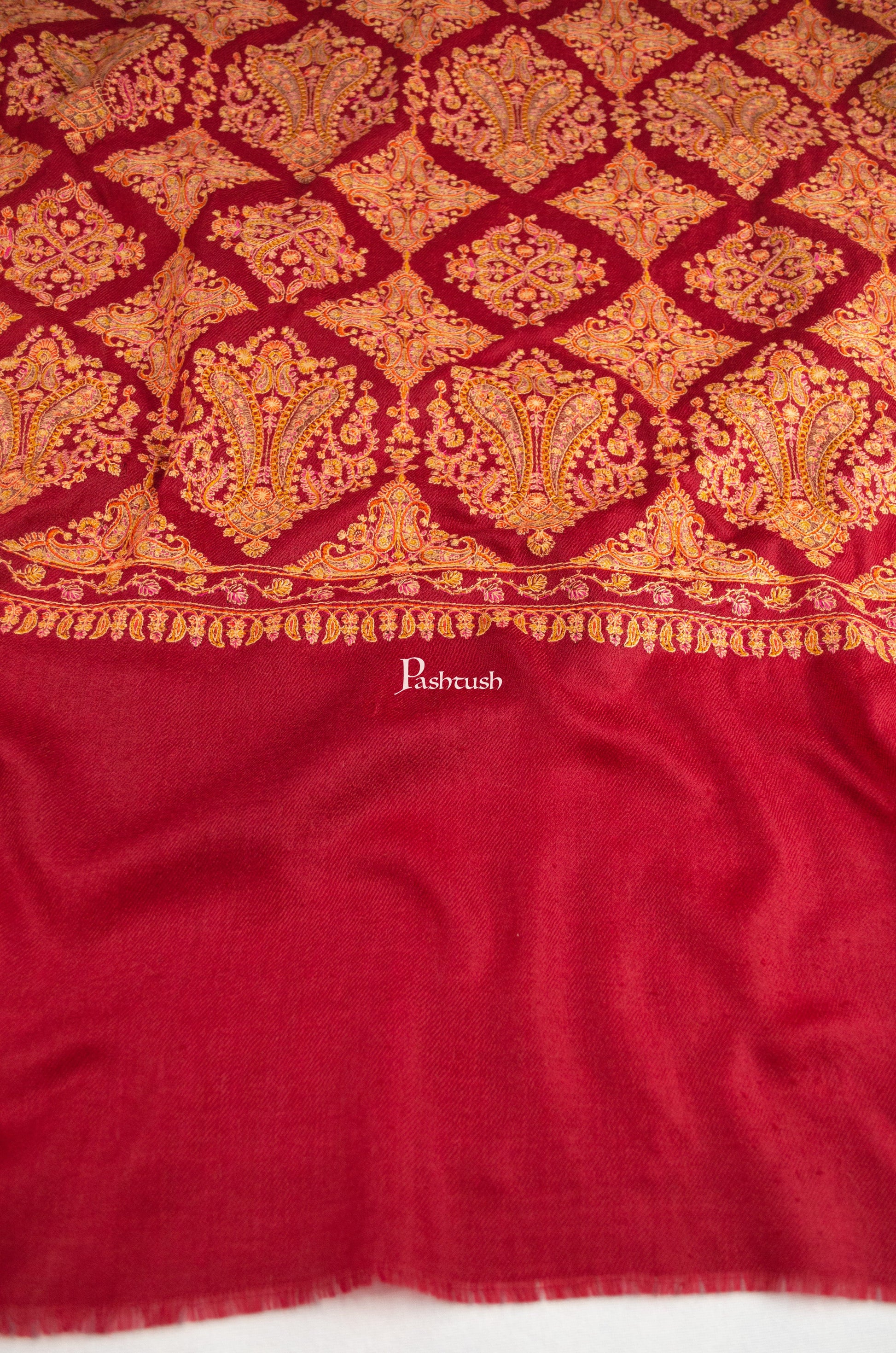 Pashtush India Womens Shawls Pashtush Womens Extra Fine Wool Shawl, Embroidery Kashmiri Jaal Design, Maroon