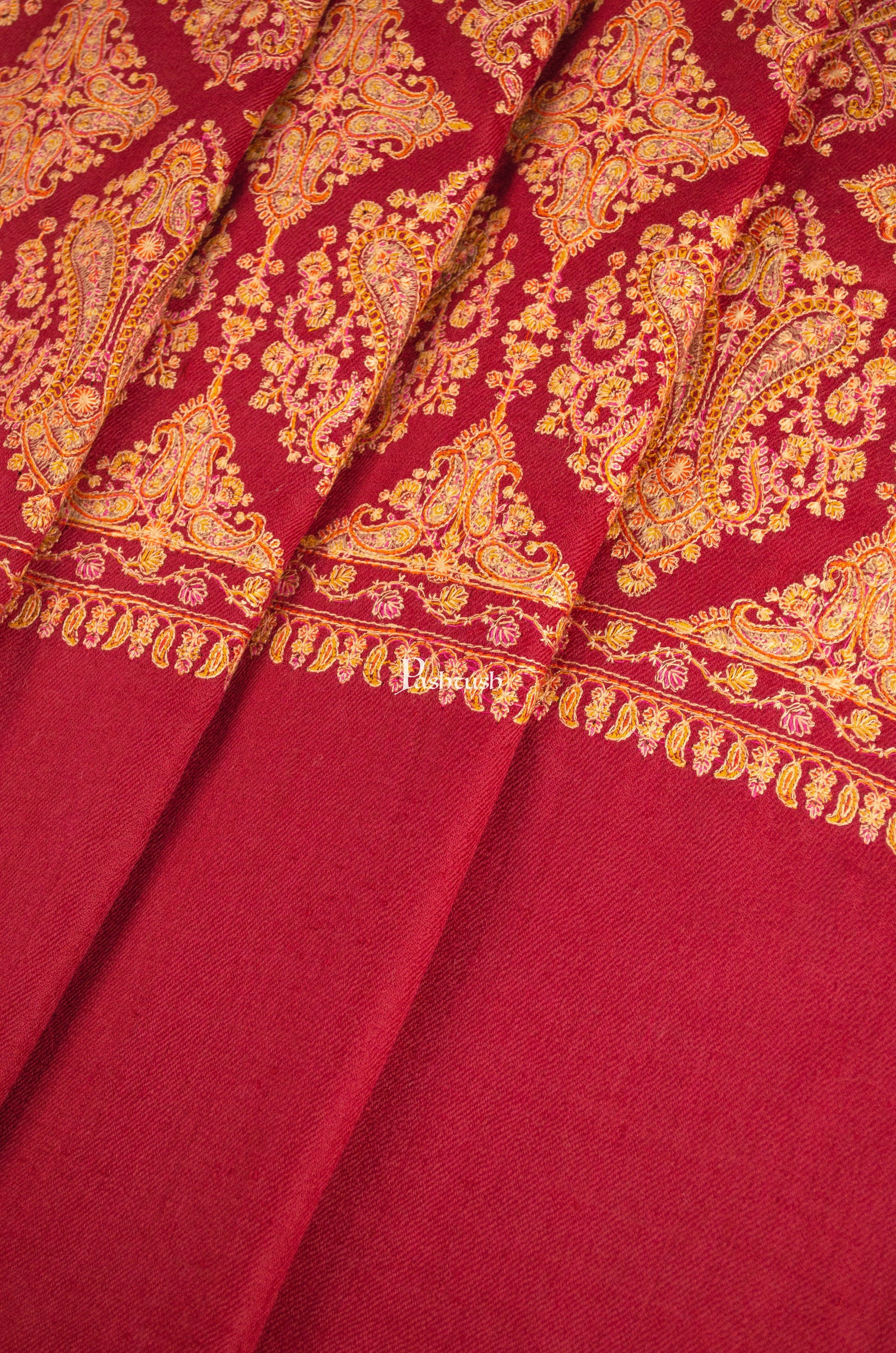 Pashtush India Womens Shawls Pashtush Womens Extra Fine Wool Shawl, Embroidery Kashmiri Jaal Design, Maroon