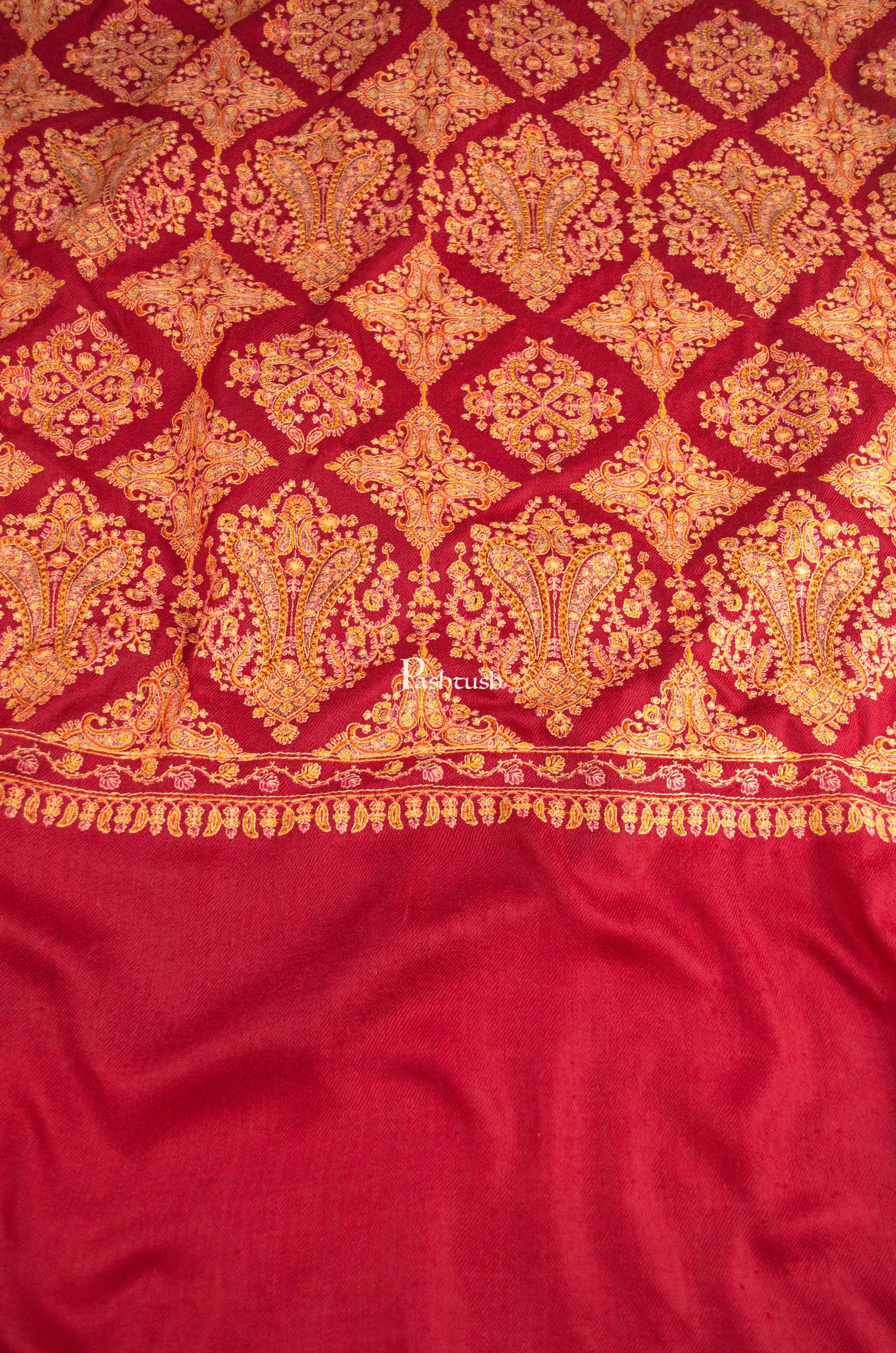 Pashtush India Womens Shawls Pashtush Womens Extra Fine Wool Shawl, Embroidery Kashmiri Jaal Design, Maroon