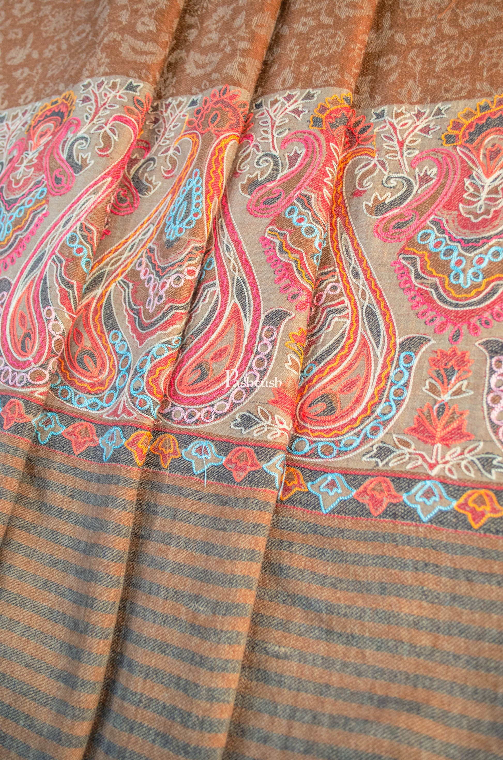 Pashtush India Womens Shawls Pashtush Womens Extra Fine Wool Shawl, Embroidery Palla Design, Brown
