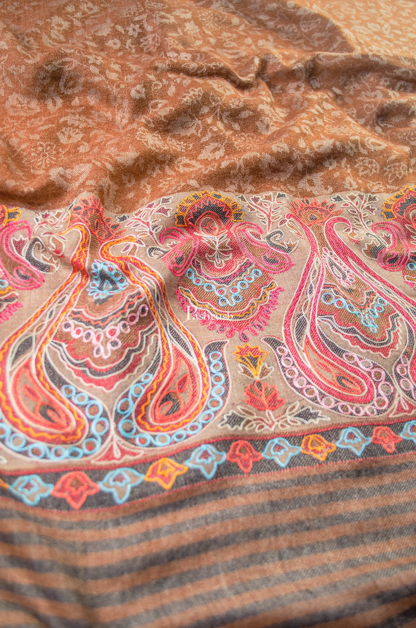 Pashtush India Womens Shawls Pashtush Womens Extra Fine Wool Shawl, Embroidery Palla Design, Brown