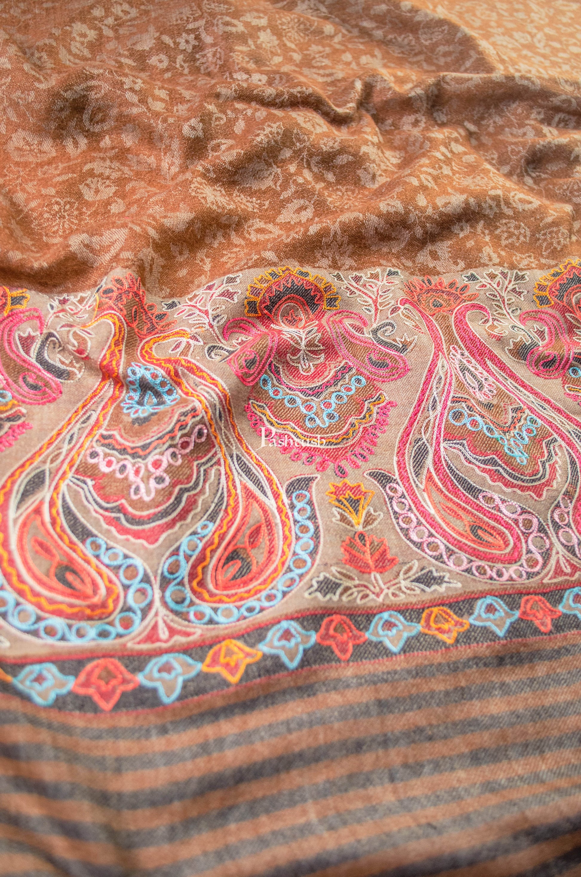 Pashtush India Womens Shawls Pashtush Womens Extra Fine Wool Shawl, Embroidery Palla Design, Brown
