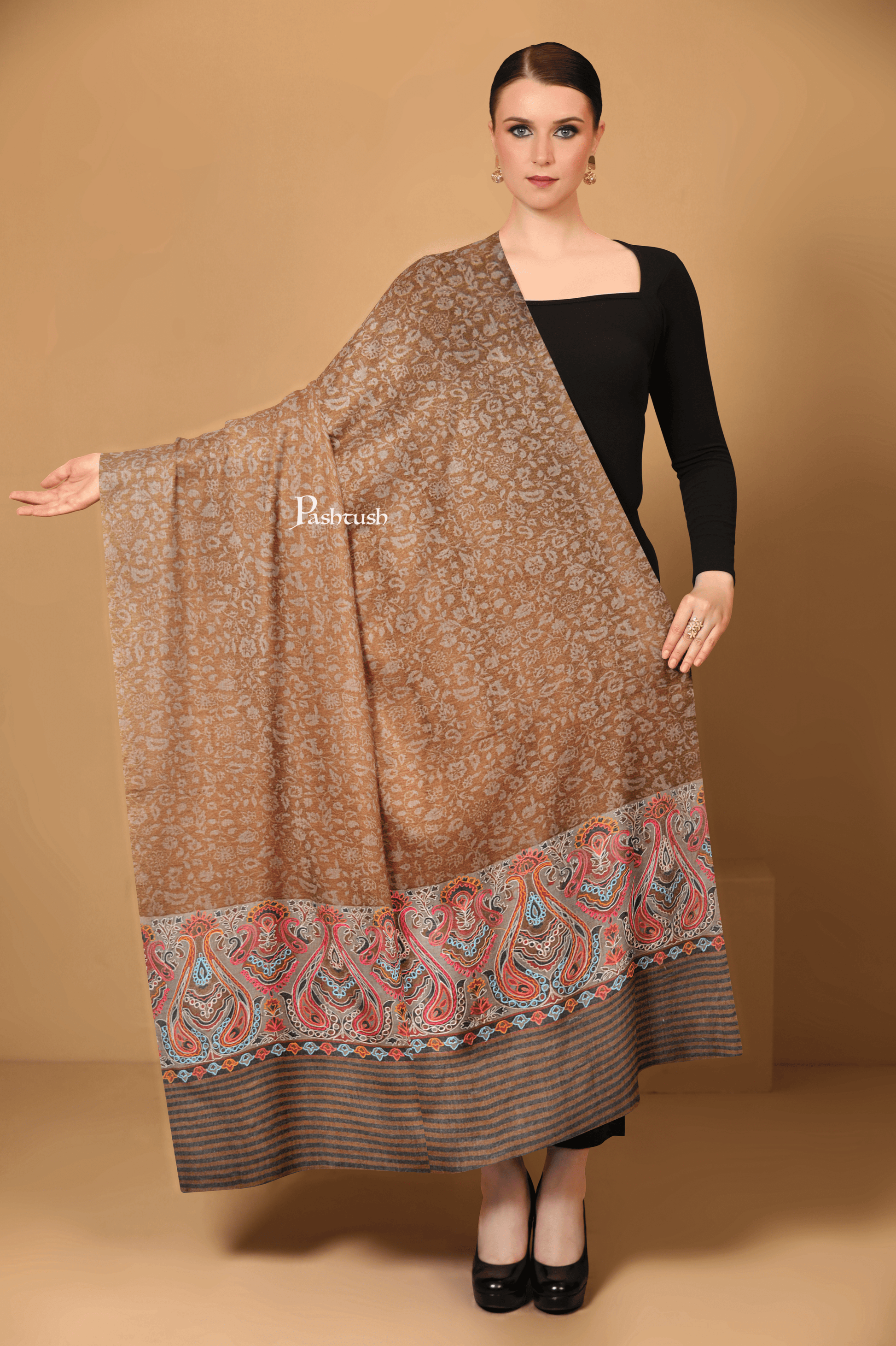 Pashtush India Womens Shawls Pashtush Womens Extra Fine Wool Shawl, Embroidery Palla Design, Brown