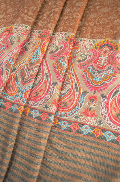 Pashtush India Womens Shawls Pashtush Womens Extra Fine Wool Shawl, Embroidery Palla Design, Brown